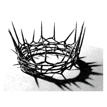 A crown made entirely of barbed wire is positioned on a wooden table. The crown has sharp, twisted edges and intricate details formed by the barbed wire's spikes. The wooden table has a rough texture and visible grains, contrasting with the harshness of the crown. Soft shadows are cast on the table surface, emphasizing the crown's unique shape and the rugged quality of the wood underneath.