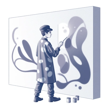 A young artist is standing in front of a large wall, actively painting a vibrant mural. They are wearing a black and white patterned 1960s painter's smock that is slightly splattered with paint, and a matching black beret perched atop their head. The artist holds a paintbrush in one hand, with various paint tubes scattered around on the ground. The mural features abstract shapes and lines, showcasing a dynamic composition. The artist's focused expression conveys concentration as they step back to assess their work.