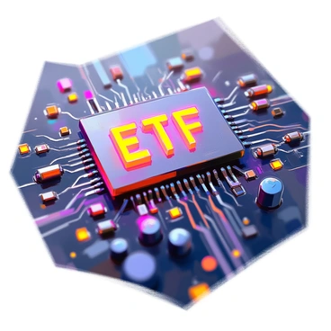 A close-up view of a circuit board, showcasing intricate pathways and connections. The surface of the circuit board is detailed, with various components such as resistors and capacitors strategically placed. Glowing "ETF" symbols are integrated into the pathways, illuminated in bright colors to create a striking contrast against the dark background of the board. The overall composition captures the complexity and technological sophistication of the circuit board's design.