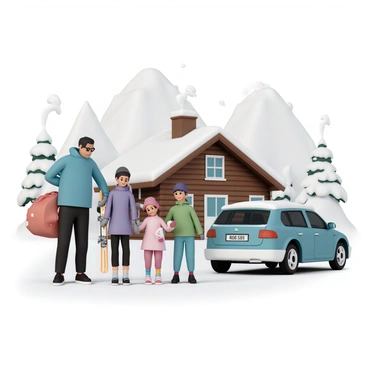 A family of four is standing outside a rustic wooden cabin nestled in the snow-covered mountains. The father, wearing a blue ski jacket and black pants, is lifting a red ski bag out of the trunk of a car parked nearby. The mother is wearing a purple winter coat and gray gloves, holding a pair of skis with a bright orange design. Two children, a boy in a green jacket and a girl in a pink coat, are eagerly unzipping a backpack, pulling out colorful hats and gloves. Snowflakes are gently falling from the sky, creating a festive winter atmosphere. The cabin has smoke curling from the chimney, adding to the cozy scene.
