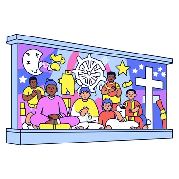 A large mural on a city wall featuring various symbols and figures from different religions. The mural includes a prominent "cross" representing Christianity, a "crescent moon and star" symbolizing Islam, and a "dharma wheel" for Buddhism. Surrounding these symbols are figures such as a "Buddha" sitting peacefully, a "Hindu deity" with multiple arms, and a "Buddhist monk" in traditional robes. The background is filled with a harmonious blend of colors, showcasing the diversity of beliefs. The overall composition is vibrant, capturing the essence of multiculturalism and unity in spirituality.