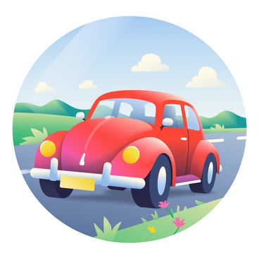 A bright red VW Beetle is speeding along an open highway. The car has a shiny finish and its iconic rounded shape is prominently displayed. The highway is lined with green grass and a few scattered wildflowers, creating a vibrant contrast against the asphalt. In the background, there are distant rolling hills beneath a clear blue sky filled with a few fluffy white clouds. The sunlight casts a warm glow on the scene, highlighting the car's features as it moves swiftly down the road.