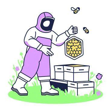 A beekeeper in a protective suit is standing in an apiary. The suit is complete with a round veil covering the face for protection. In his gloved hands, he holds a honeycomb frame, which is filled with hexagonal cells containing golden honey. The frame is suspended in the air as he tilts it slightly to observe the honey inside. Surrounding the beekeeper are several wooden hives, each with a few bees flying around. The ground beneath his feet is covered with grass and small wildflowers, creating a natural environment for beekeeping.