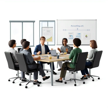 A busy office scene with multiple team members engaged in a discussion. There are five individuals seated around a rectangular conference table, each with notepads and pens in hand. Two people are actively talking, one a middle-aged man with short brown hair wearing a blue suit, and the other a young woman with curly black hair, dressed in a green blouse. A large whiteboard in the background displays the "accounting equation" written in clear letters. The room is well-lit with modern overhead lighting, and there are large windows allowing natural light to filter in, casting soft shadows across the floor. Several office accessories, such as laptops, coffee mugs, and charts, are scattered around the table.