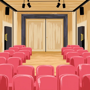 An old theater with a large, ornate entrance featuring double doors. The interior shows rows of torn red velvet seats, worn and faded from years of use. The stage is cracked and peeling, with a dusty wooden floor. Dim light fixtures hang from the ceiling, casting soft shadows across the space. The walls are adorned with faded wallpaper, and a large curtain hangs partially closed at the back of the stage.