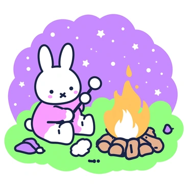 Miffy, a small rabbit character with distinctive round features, is sitting next to a campfire. She holds a stick with a marshmallow at the end, gently roasting it over the flames. The campfire is crackling, with bright orange flames flickering in the night. Surrounding Miffy, there are several logs arranged in a circle. Above her, a starry sky is visible, filled with numerous twinkling stars. The scene captures a peaceful camping moment in nature, with a sense of warmth from the fire.