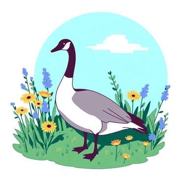 A white and gray Canada goose stands gracefully in the center of a field filled with a variety of colorful wildflowers, including yellow daisies and blue cornflowers. The wildflowers sway gently in the breeze, creating a lively scene around the goose. The background features a clear blue sky with a few fluffy white clouds, reflecting the essence of a late summer day. The sunlight casts soft shadows on the ground, enhancing the beauty of the natural setting.