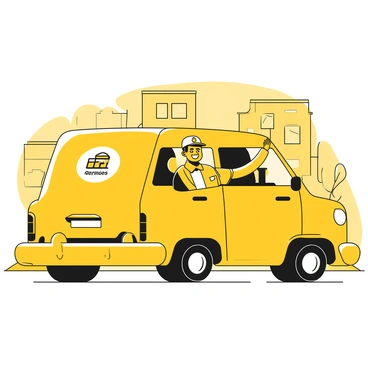 A delivery driver with a cheerful expression is waving from the open window of a yellow car featuring a prominent logo on the side. The driver is wearing a cap and a uniform with the company logo, while the background shows a city street with buildings and trees. The car is parked at the side of the road, and the driver's hand is raised in a friendly gesture.