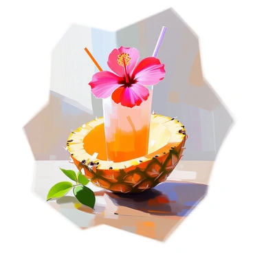 A refreshing drink served in a hollowed-out pineapple shell, with vibrant yellow and green hues showcasing the pineapple's natural texture. The drink is a bright tropical color, possibly a blend of orange and pink, creating an inviting appearance. Atop the drink, a large, vivid red hibiscus flower adds a striking contrast with its delicate petals, enhancing the tropical theme. The pineapple shell is placed on a wooden table, surrounded by small green leaves for a natural touch.