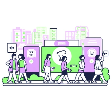 A busy urban street is filled with people walking past interactive billboards. Each billboard displays distinct advertisements tailored to individual passersby. The billboards feature bright graphics, with the center showcasing a large, dynamic screen that changes as people approach. Facial recognition technology is implemented, with a glowing sensor above each screen capturing the facial features of onlookers. Surrounding the billboards, pedestrians are engaged, some smiling as they recognize personalized offers for products. The scene captures a blend of technology and daily life, with buildings in the background and a hint of greenery at the street's edge.