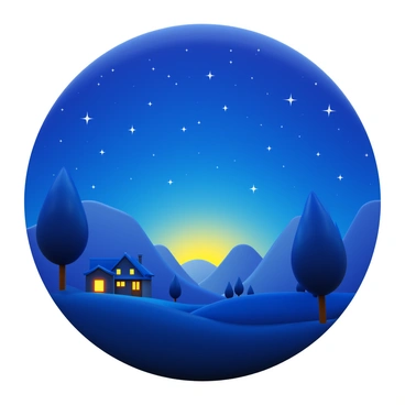 A night scene featuring a "starry sky" filled with numerous twinkling stars. The "glowing horizon" casts a gentle light over the landscape, illuminating a "quiet village" with small houses and soft, warm lights visible in the windows. There are trees in the foreground, silhouetted against the bright sky. The overall composition conveys tranquility and the beauty of a serene night.