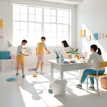 A spacious studio filled with natural light streaming through large windows. Several students are working at their desks, which are cluttered with sketchbooks, pencils, and erasers. One student is holding a sketch pad, carefully observing the play of light and shadow on a nearby still life setup featuring a vase and a piece of fruit. Another student is using a lamp to create dramatic shadows on their canvas, while a third student is adjusting the position of a light source to enhance their drawing. The walls are adorned with various illustrations and artworks, showcasing the students' experiments with light and shadow.