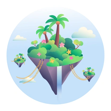 A lush, green island floating in the sky, connected to other islands by rope bridges