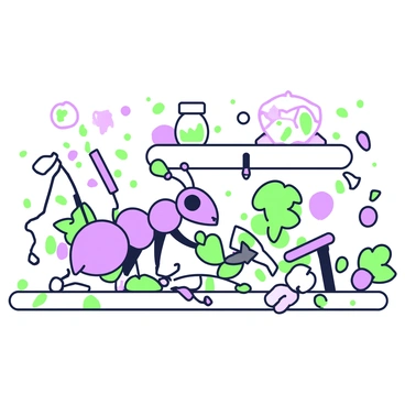 An ant is working diligently in a workshop filled with various crafting materials. The ant is focused, using its mandibles to shape small tools from leaves and pebbles. On the workbench, there are several tiny tools, including a leaf scoop, a pebble hammer, and a twig saw. The workshop is cluttered with bits of leaves and small stones scattered around. In the background, there are jars made from acorns and other natural elements, holding different crafting supplies. The lighting highlights the ant's intricate movements as it skillfully handles its creations.