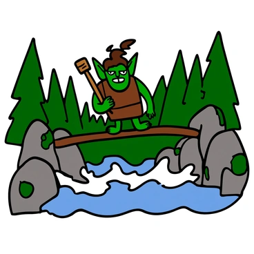 A grumpy troll with green skin and large, pointy ears stands on a rickety wooden bridge. The troll has a scowl on his face and thick, unruly brown hair. He is wearing a tattered brown vest and has a large wooden club resting against his side. The bridge creaks under his weight and is surrounded by tall, moss-covered rocks. Below, a rushing river flows with white foam as the water crashes against the stones. The scene is set in a dense forest with dark green trees framing the background, creating an ominous atmosphere.