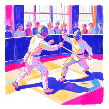 Two fencers in white gear are engaged in a duel on a polished wooden floor. Each fencer is wearing a white jacket and protective mask. One fencer is lunging forward with a sword extended, while the other is parrying with their weapon raised defensively. The background features bright lighting reflecting off the smooth floor, highlighting the intensity of the competition. Spectators can be seen in the distance, watching the match with focused expressions.