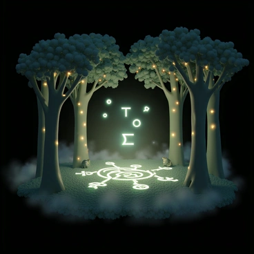 A dense forest filled with tall, towering trees that have a luminous glow emanating from their bark. The leaves are a mix of vibrant greens and shimmering golds that appear to twinkle in the dim light. In the center of the forest, there is a clearing where the ground is covered with moss, and intricate patterns of luminous symbols represent an expanded form calculation. The glowing symbols float gently above the moss, illuminating the area in a soft light. Small, mythical creatures can be seen peeking from behind the trees, their eyes sparkling with curiosity. A gentle mist hovers just above the forest floor, enhancing the magical atmosphere.