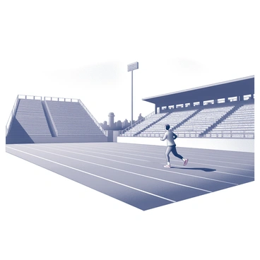 A solitary jogger is running around the track of an empty stadium. The stadium features tiered seating that rises high around the track. The track itself is marked with white lines for various lanes, and the surface appears smooth and well-maintained. The jogger is focused on their movement, wearing athletic attire suitable for running. The atmosphere is quiet, with no spectators present to observe the jogger's solitary exercise. The sky above the stadium is clear, adding to the sense of stillness.