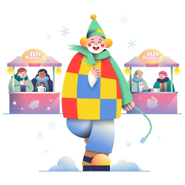 An arlequin with a colorful patchwork costume is enjoying a winter fair. The costume features bright squares of red, blue, yellow, and green, contrasting with the white snow that covers the ground. The arlequin has a playful expression, with a pointed hat adorned with bells. Snowflakes are gently falling around, creating a magical atmosphere. In the background, there are several hot cocoa stands, each decorated with twinkling lights. The stands have steaming mugs of hot cocoa, topped with whipped cream and marshmallows, attracting customers bundled in warm winter clothing.