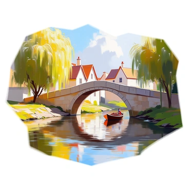 A sturdy stone bridge arches gracefully over a calm medieval river. The bridge features intricate carvings along its sides, showcasing the craftsmanship of the era. Lush greenery lines the banks of the river, with willow trees gently bending towards the water. Reflections of the bridge and surrounding foliage shimmer on the surface of the river, while a small wooden rowboat drifts lazily nearby. In the background, quaint medieval houses with thatched roofs can be seen, adding to the serene atmosphere of the setting.