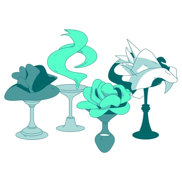 A collection of sculptural hats displayed on elegant pedestals in a bright gallery space. Each hat features intricate, flowing designs that highlight unique shapes and silhouettes. One hat is a vibrant teal with a large, spiraling form that resembles an oversized flower. Another hat, in contrasting white, is adorned with sharp geometric elements, creating a striking visual impact. The collection showcases various textures, from smooth finishes to more rough, organic surfaces. Soft lighting illuminates the hats, emphasizing their artistic details and casting gentle shadows on the pedestals.