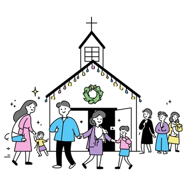 A church adorned with colorful decorations for a holiday service. Strings of lights are hung from the ceiling, and festive wreaths are placed on the doors. Families are arriving at the entrance, some holding hands while others carry small children. A man in a blue coat is helping an elderly woman walk inside, and a woman in a red dress is adjusting her child's hat. There are children excitedly running around, and a group of people is gathered near the entrance, chatting and smiling as they wait for the celebration to begin.