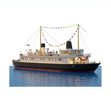 A large bunker barge floating on calm water, adorned with a variety of colorful flags fluttering in the breeze. The barge is illuminated with bright lights that twinkle, creating a festive atmosphere. It features a spacious deck with decorative elements, including festive banners and floral arrangements. The background shows a clear sky, enhancing the vibrant colors of the flags and lights.