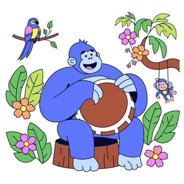 A gorilla sitting on a sturdy tree stump, focused on playing a large brown drum with a shiny surface. The gorilla has a joyful expression, with its mouth slightly open as it rhythmically strikes the drum with its hands. Surrounding the gorilla are vibrant green leaves and colorful tropical flowers. Other jungle animals, such as a parrot perched on a nearby branch and a monkey swinging from a vine, are part of the lively jungle band, creating a dynamic atmosphere. The scene is filled with energy, and the sunlight filters through the canopy above.