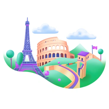 Famous historical sites illustrated in a whimsical style, highlighting their architecture and surroundings.