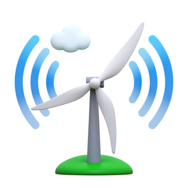 A wind turbine with large, white blades spinning in a circular motion. Sound waves emanate from the blades, depicted as smooth, wavy lines in varying shades of blue. The base of the wind turbine is a sturdy grey structure, with green grass surrounding it. The background features a clear sky with a few fluffy white clouds.