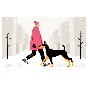 A doberman with a sleek black and tan coat walks alongside its owner. The owner is wearing a bright red winter jacket, black gloves, and a red beanie, making them stand out against the snowy backdrop. Snowflakes gently fall from a gray sky, landing on the ground and creating a soft white blanket covering the street. Tall trees lined along the street are frosted with snow, and there are small piles of snow accumulating on the edges of the pavement. The scene captures the joyful moment of companionship between the doberman and its owner as they stroll through the winter wonderland.