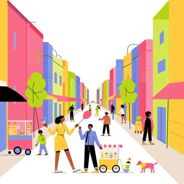 A vibrant city street filled with numerous colorful buildings of various heights and architectural styles. The buildings display bright hues of red, blue, yellow, and green. A diverse group of characters populate the scene, including a woman with curly hair wearing a yellow dress, a man in a blue jacket carrying a backpack, and a child holding a red balloon. Street vendors with colorful carts sell snacks and drinks, and a couple of dogs are seen playing near the sidewalk. The street is bustling with activities, creating a lively atmosphere.