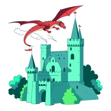 A teal fairy tale castle with tall, pointed towers and intricate turrets is set against a vibrant backdrop. Above the castle, a red dragon with shimmering scales and large wings is soaring through the sky. The dragon's wings are spread wide as it glides gracefully with smoke trailing from its nostrils. The castle features a drawbridge and flags fluttering in the wind, while lush green trees surround the castle, adding to the enchanting scene.