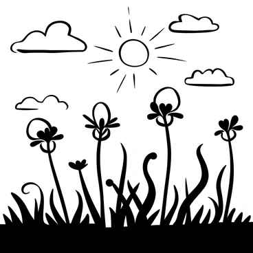 Milkweed plants silhouetted against a sunset sky. The plants have tall, slender stems with clusters of rounded leaves, creating a distinct shape. The setting sun casts an array of radiating lines around the milkweed, highlighting their outlines. The scene is filled with a variety of cloud shapes, adding texture to the background. The overall composition focuses on the contrast between the dark silhouettes of the milkweed and the intricate patterns created by the clouds.