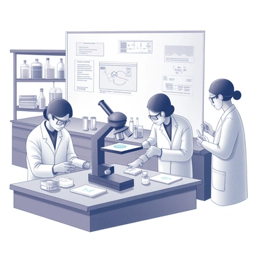 A laboratory setting with several scientists engaged in research. One scientist is positioned at a microscope, intently observing centrioles on a glass slide. The microscope has multiple eyepieces and is placed on a wooden table cluttered with lab equipment such as slides, petri dishes, and pipettes. Another scientist, wearing safety goggles and a lab coat, is taking notes in a notebook. The walls of the laboratory are lined with shelves filled with various scientific instruments and reference books, while a whiteboard displays diagrams and notes related to cellular biology.