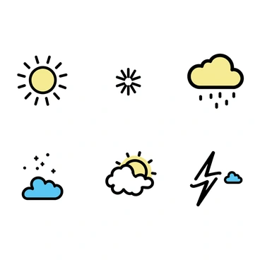 A collection of vector icons, each representing a distinct weather condition. The first icon illustrates a bright sun with rays extending outward, symbolizing a sunny day. The second icon shows a cloud with raindrops falling from it, representing rain. The third icon features a snowflake, capturing the essence of snowy weather. The fourth icon depicts a lightning bolt emerging from a cloud, indicating a thunderstorm. Lastly, the fifth icon represents a partially cloudy sky with both sun and clouds, conveying a mixed weather condition. Each icon is designed with clean lines and minimalistic details.