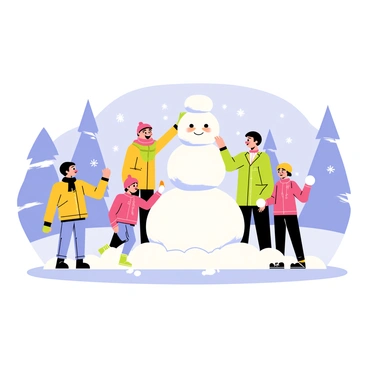 A family consisting of four members is building a snowman in a snowy landscape. The snowman is partially completed, with a large round body made of packed snow and a smaller head atop it. The family members include two adults and two children, all dressed in colorful winter coats, scarves, and hats. Snowflakes are gently falling from the sky, creating a soft white blanket on the ground. In the background, there are snow-covered trees and a clear blue sky. The children are laughing and rolling snowballs, while one adult is placing a carrot on the snowman's face.