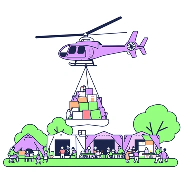 A KMAX helicopter is flying overhead, carrying a cargo net that is filled with various supplies. The helicopter has two large rotors and is positioned centrally in the image, providing a clear view of its structure. Below, an outdoor festival is taking place with colorful tents scattered across the ground. People are enjoying the festivities, some sitting at tables while others are walking around. In the background, there are trees and a clear sky visible, which adds to the vibrant atmosphere of the festival. The supplies in the cargo net can be seen clearly, showcasing items like boxes and bags.