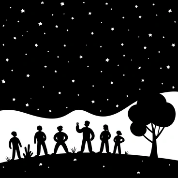 A group of people standing on a hill, gazing upward at a vast starry sky filled with numerous shining stars. The silhouettes of the individuals are outlined against the night, as they display various postures of wonder and contemplation. In the foreground, there are a few trees, their branches extending toward the sky. The ground is uneven, scattered with small rocks and patches of grass. The scene conveys a sense of connection and unity among the people under the expansive universe.