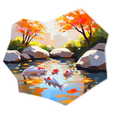 A tranquil koi pond featuring colorful koi fish swimming gracefully beneath the surface. The water is dotted with vibrant autumn leaves, including shades of red, orange, and yellow, which float gently on the water's surface. Surrounding the pond, lush greenery and overhanging branches create a serene atmosphere. The sunlight filters through the trees, casting dappled reflections on the water. The scene captures the peaceful coexistence of nature and the beauty of the changing seasons.