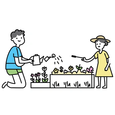 A person wearing a blue t-shirt and green shorts is kneeling beside a row of flowers in a garden. They hold a watering can, pouring water onto the plants. Nearby, a neighbor with a straw hat and a yellow dress stands beside a small vegetable patch, using a trowel to tend to the soil. The garden is colorful, filled with various flowers and vegetables, surrounded by a simple wooden fence.