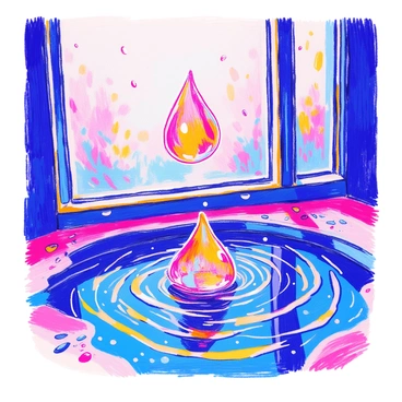 A single large raindrop is captured in mid-air just before it strikes a window. The window is framed with sleek metal edges and reflects faint images of the surroundings. Below the window, a puddle sits on a textured surface, and as the raindrop hits the glass, it splashes down, creating symmetrical circular ripples that spread outward across the puddle. Each ripple disturbs the surface, causing small reflections and distortions of the environment surrounding the puddle, while tiny droplets scatter outward from the impact point.