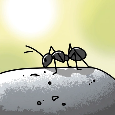 A small black ant, with detailed segmented body and antennae, is basking in the sunlight on a smooth, gray rock. The rock has a textured surface with some small patches of moss. The ant is positioned on the upper surface of the rock, its legs spread out as it enjoys a moment of rest. Soft rays of sunlight cast gentle shadows, highlighting the ant's body and the contours of the rock. The background is softly blurred, emphasizing the ant and the rock in the foreground.