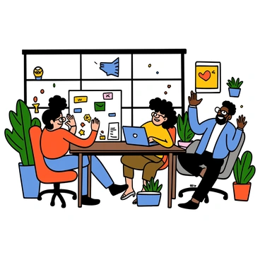 A cartoon illustration of a trendy startup office in Bangalore with a bright and modern aesthetic. There are young entrepreneurs of diverse backgrounds gathered around a large table, deep in discussion. One person with short black hair and glasses is writing ideas on a whiteboard. Another person, a woman with long curly hair, is holding a laptop and smiling as she shares her thoughts. A third person, a man with a beard, is gesturing enthusiastically while leaning forward in his chair. The office has colorful wall art, large windows letting in natural light, and various plants scattered around, creating an energetic atmosphere.