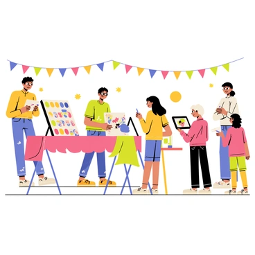 A group of illustrators standing at tables in a bright, colorful fair setting. Each illustrator is demonstrating different art techniques to an audience of aspiring artists. One illustrator, wearing glasses, is showing how to use watercolors, with vibrant paint palettes and brushes spread out on their table. Another illustrator is showcasing digital art on a tablet, with an animated character displayed on the screen. The aspiring artists, a mix of young adults and children, are attentively watching and taking notes. Banners and colorful decorations hang overhead, adding to the festive atmosphere of the fair.