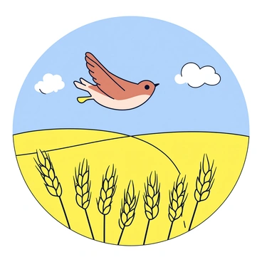 A lark flying low over a golden wheat field during harvest season.