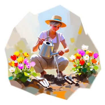 A vintage gardener with weathered skin and gray hair wearing a straw hat is carefully tending to a vibrant flower garden. She is holding a metallic watering can, pouring water onto colorful blooming flowers with delicate petals. Next to her, a set of old gardening tools, including a trowel and a hand fork, is placed on the soil. The garden is filled with a variety of flowers, featuring shades of red, yellow, and purple, surrounded by lush greenery. The sun is shining down, casting soft shadows across the scene, highlighting the beauty of the garden.