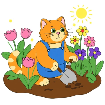 A fluffy orange tabby cat with big green eyes is kneeling in a vibrant garden. The cat is wearing a small blue gardening apron with pockets. It holds a small spade in its paw, digging into the rich brown soil. Brightly colored flowers, including pink tulips, yellow daisies, and purple pansies, surround the cat, creating a lively scene. The sun is shining, casting a warm glow over the garden, highlighting the cat's whiskers and the petals of the flowers. A few butterflies flutter nearby, adding to the cheerful atmosphere.
