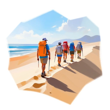 A group of hikers with varied clothing and gear is trekking across expansive sand dunes. The golden sand dunes rise and fall in soft, sweeping curves under a clear blue sky. In the background, the vast sea glistens under the sunlight, creating a sharp contrast with the warm tones of the sand. The hikers are actively navigating the undulating terrain, with some pausing to take in the view. A few footprints are visible in the sand, trailing behind them. The horizon where the dunes meet the sea is visible, adding to the sense of adventure and exploration.