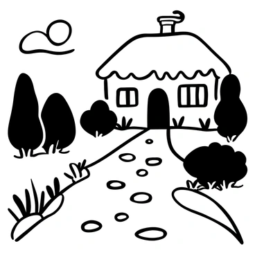 Footprints on a stone path leading toward a cozy cottage. The path is edged with small plants and stones. A soft glow from the moonlight casts shadows along the path, illuminating the stones. The cottage has a thatched roof and smoke gently rising from the chimney. Windows of the cottage emit a warm light, suggesting a welcoming interior. Surrounding the cottage are trees and bushes, creating a tranquil atmosphere.